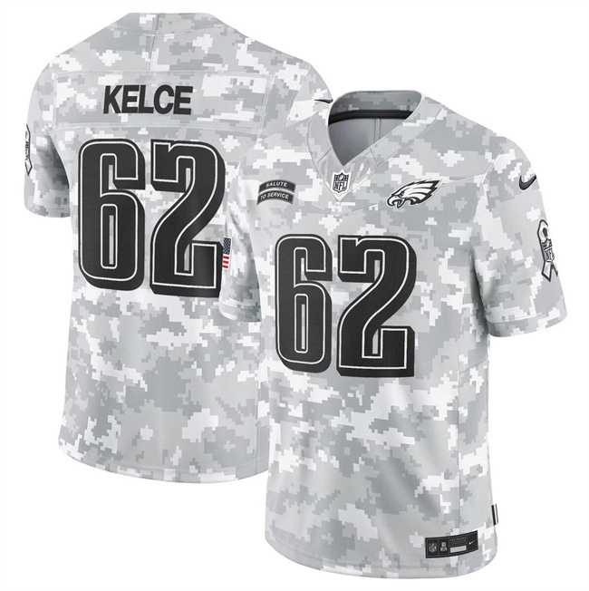 Mens Philadelphia Eagles #62 Jason Kelce 2024 F.U.S.E Arctic Camo Salute To Service Limited Stitched Jersey Dyin